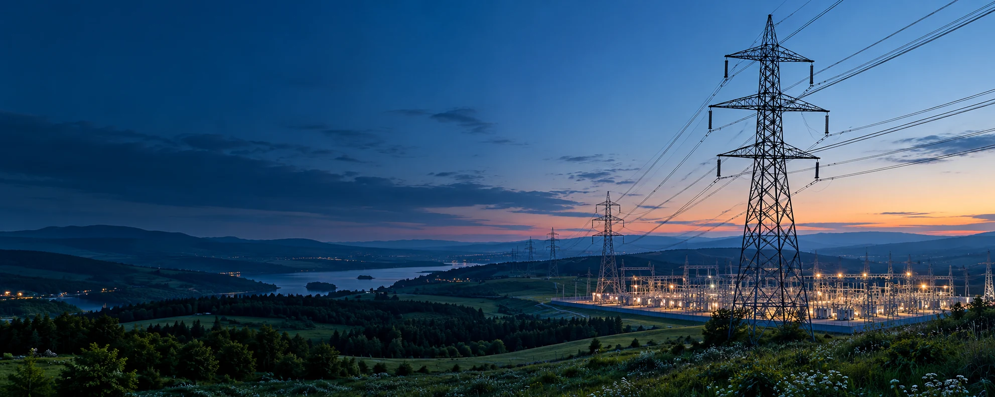 Illustrative transmission pylons and substation at blue hour